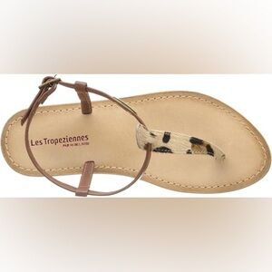 Les Tropeziennes Tan Leather T-Strap Sandals with Leopard Accent